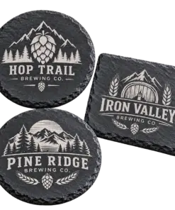 Brewery stone coasters with custom brewery logo samples on a transparent background