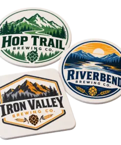 Brewery vinyl coasters with custom brewery logo samples on a transparent background