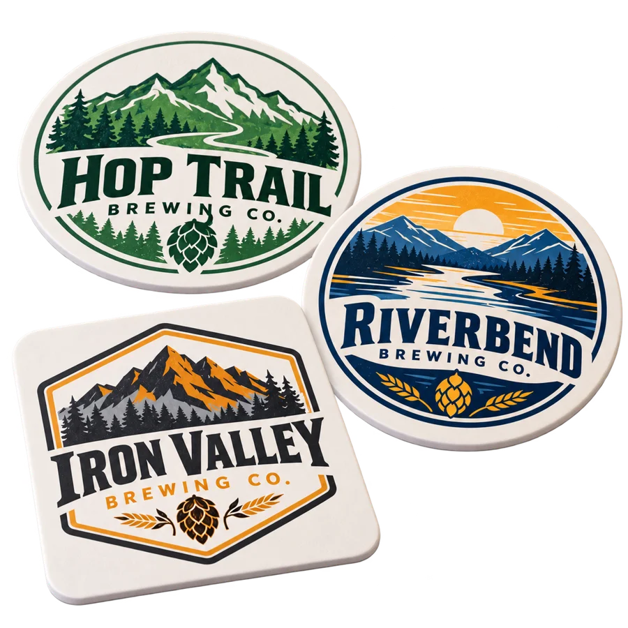 Brewery vinyl coasters with custom brewery logo samples on a transparent background