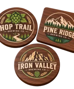Brewery walnut coasters with custom brewery logo samples on a transparent background
