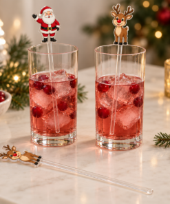 Sample design: full-body Santa and Rudolph above the cup with long unprinted clear stirrer stems