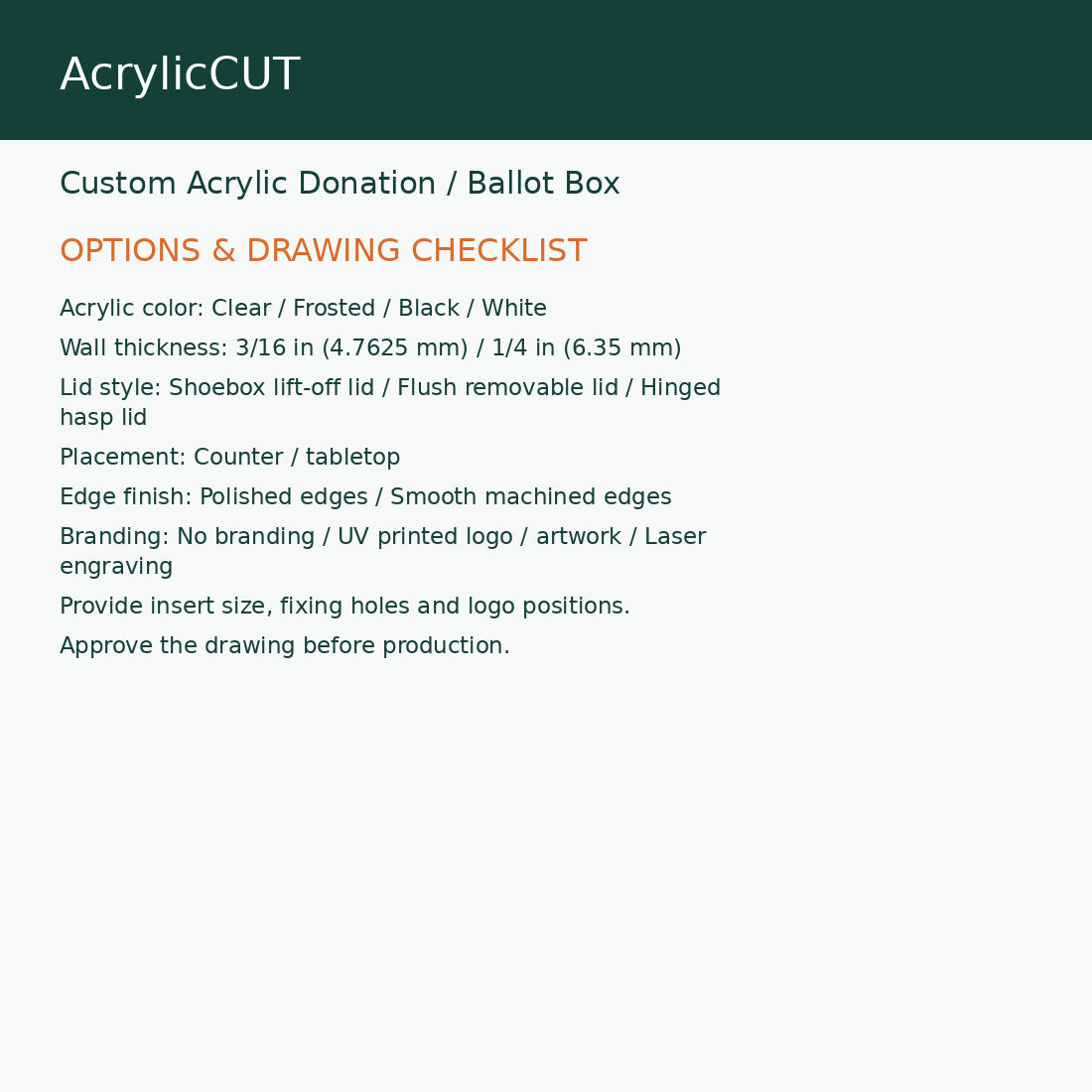 Custom Acrylic Donation / Ballot Box — configuration checklist