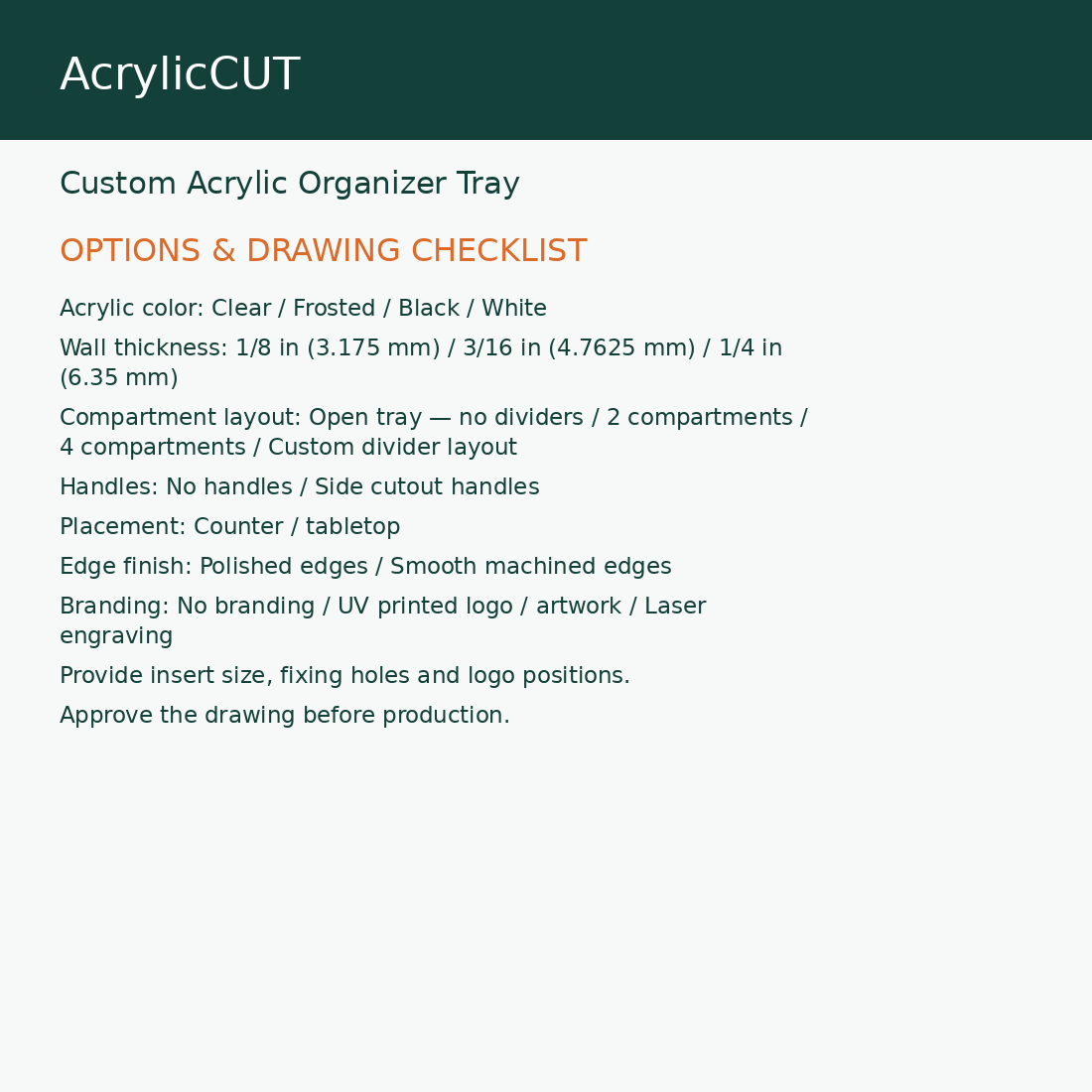 Custom Acrylic Organizer Tray — configuration checklist