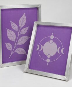 Illustrative custom pre-burned aluminum silk screen frames with purple emulsion and sample stencil artwork